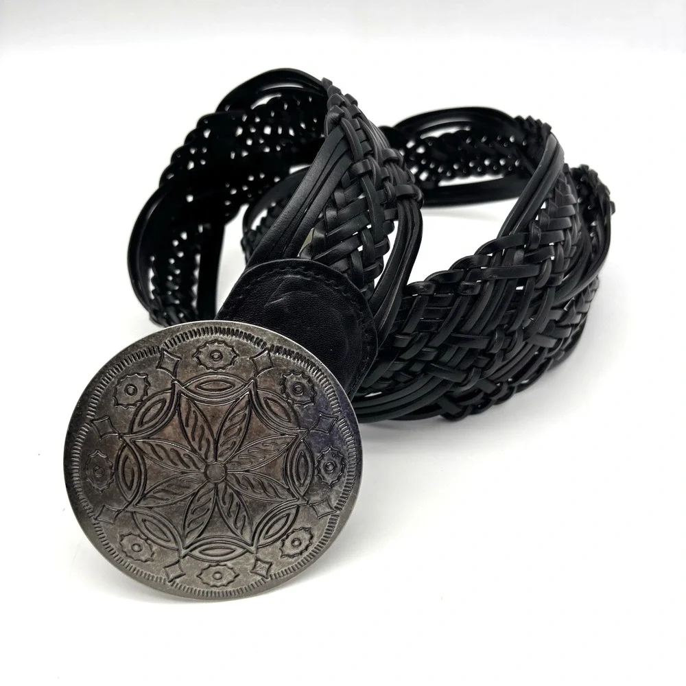 Vintage Y2K New York & Co Black Braided Leather Medallion Buckle Wide Belt M 34